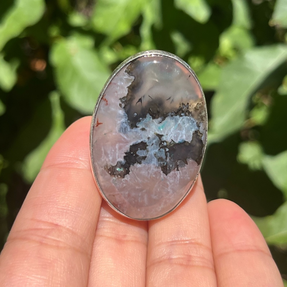Size 11 large 925 silver plated dendritic‎ quartz agate ring